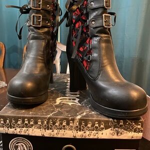 Demonia Black and Red Buckle Heeled Boots